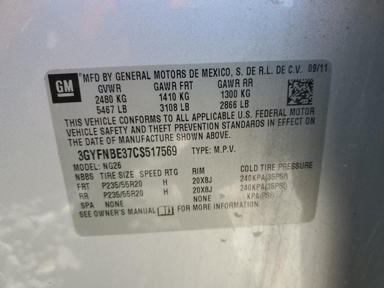 2012 Cadillac Srx Performance Collection VIN: 3GYFNBE37CS517569 Lot: 91001275