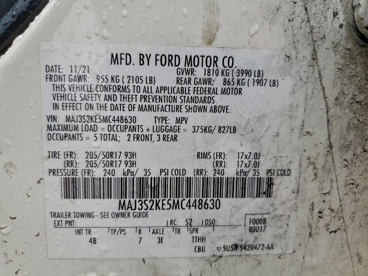 2021 Ford Ecosport Titanium VIN: MAJ3S2KE5MC448630 Lot: 93646005