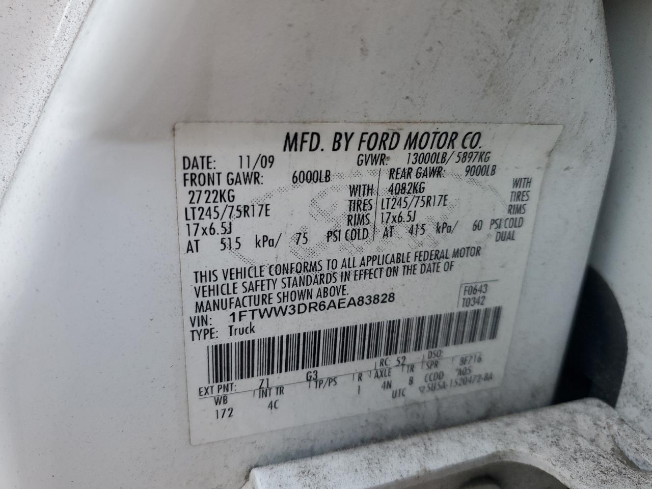 2010 Ford F350 Super Duty VIN: 1FTWW3DR6AEA83828 Lot: 93756275