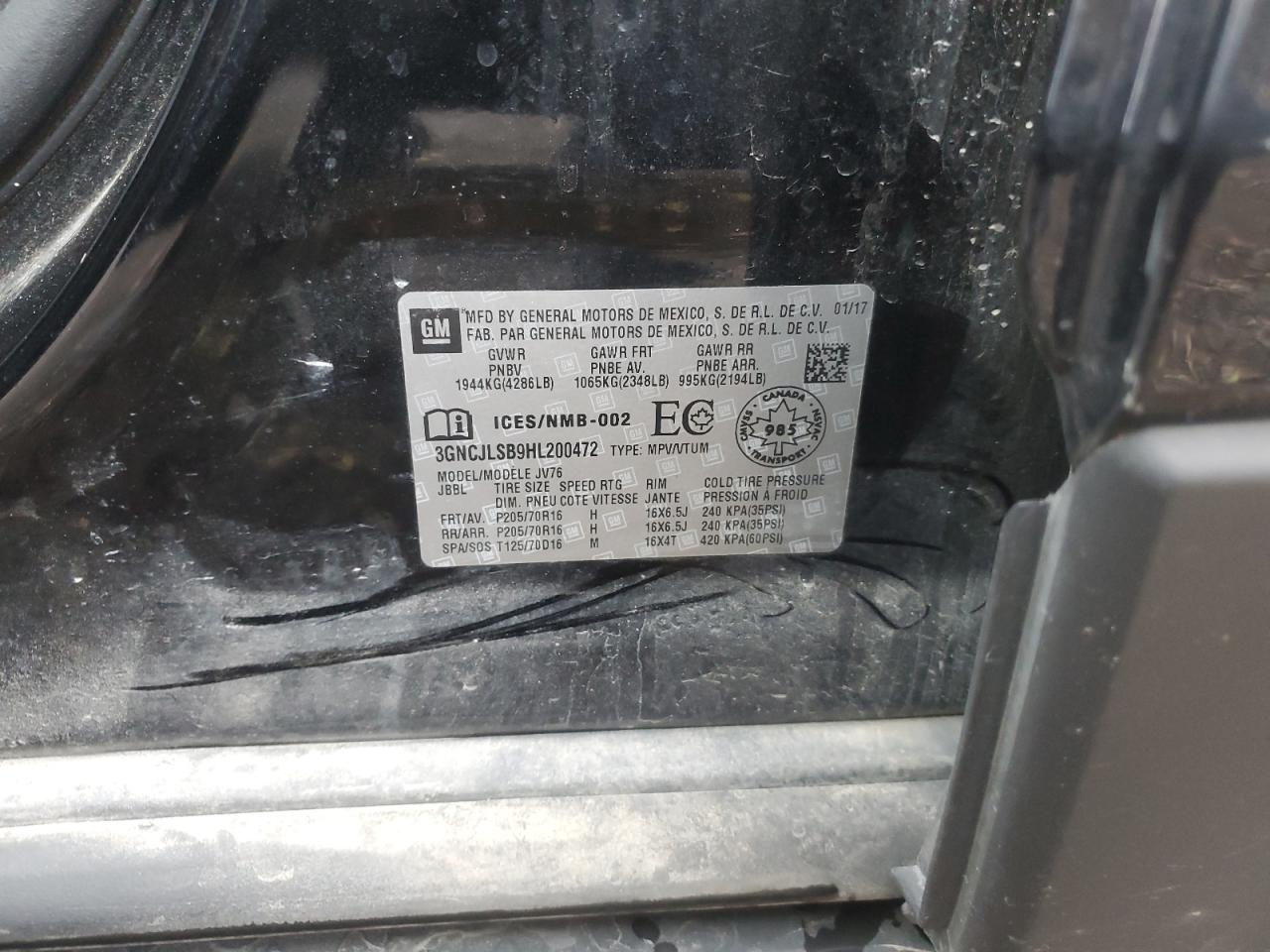 2017 Chevrolet Trax 1Lt VIN: 3GNCJLSB9HL200472 Lot: 92267955