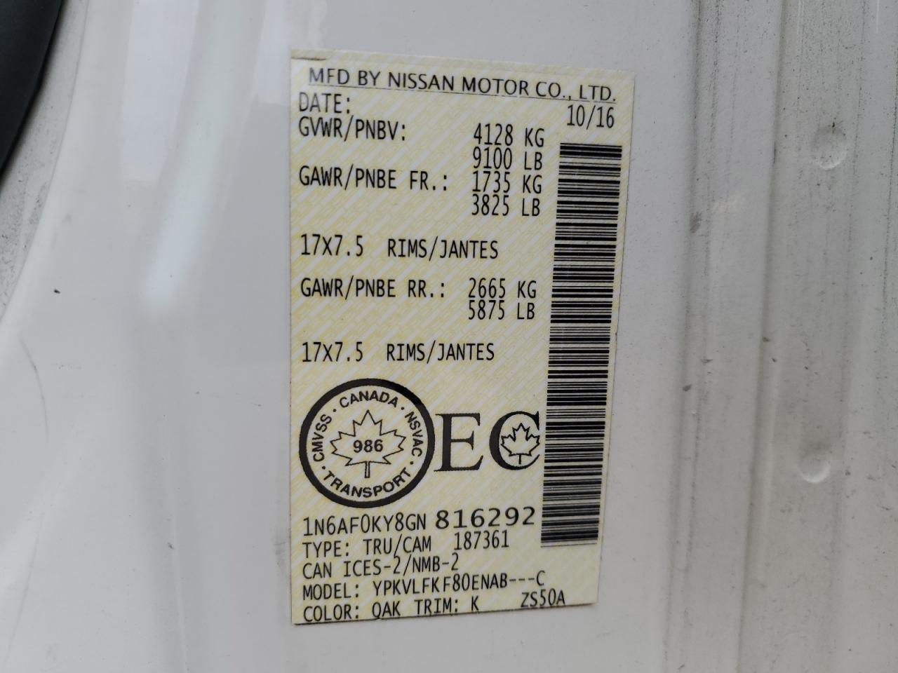 2016 Nissan Nv 2500 S VIN: 1N6AF0KY8GN816292 Lot: 85762585