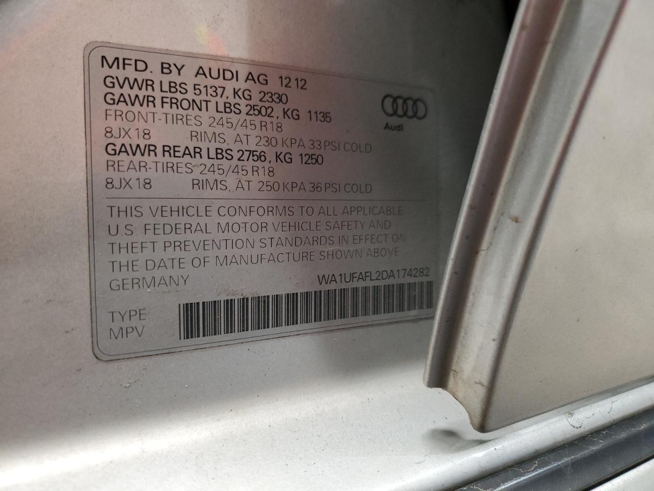 2013 Audi A4 Allroad Premium Plus VIN: WA1UFAFL2DA174282 Lot: 93101175