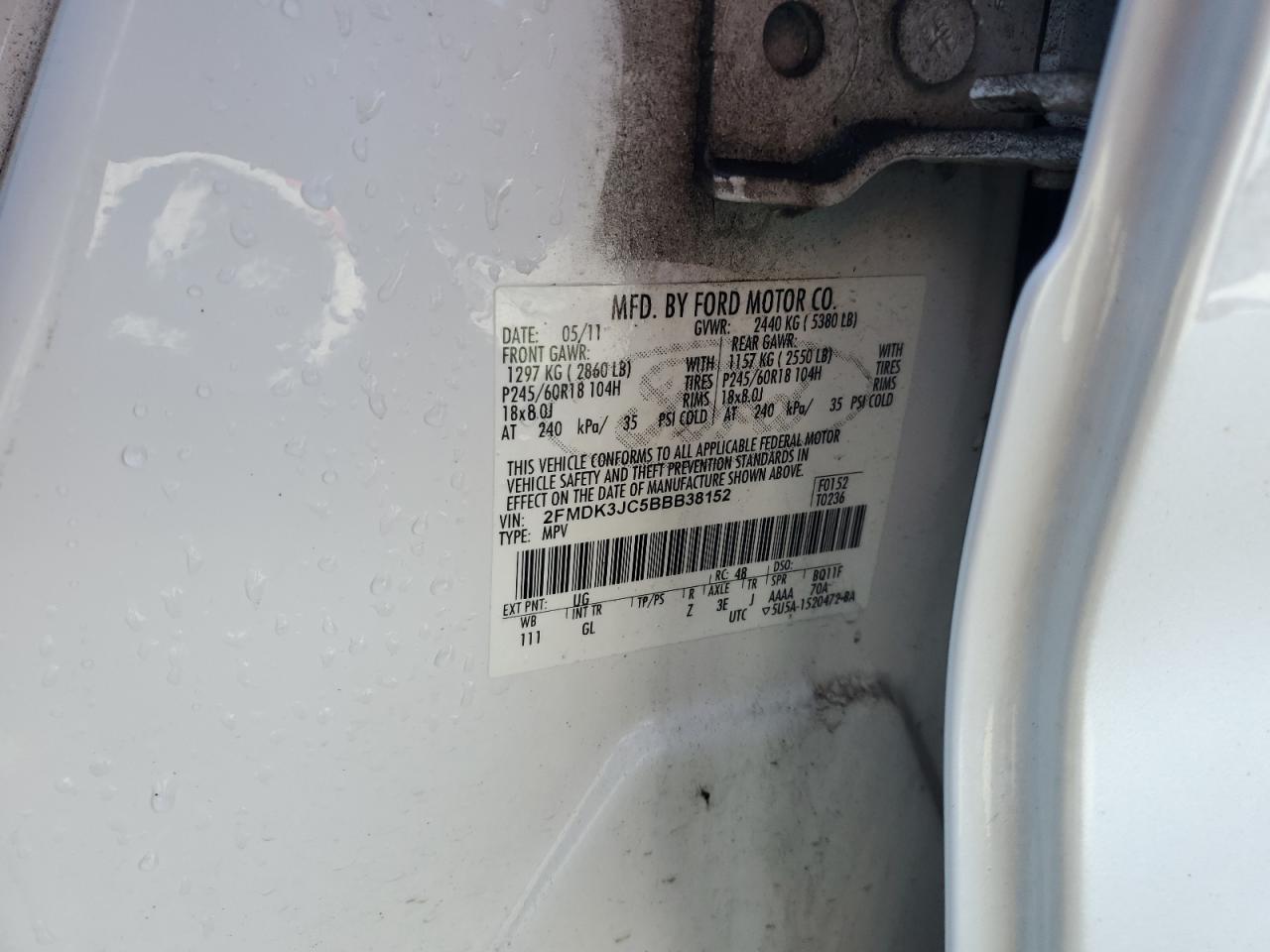 2011 Ford Edge Sel VIN: 2FMDK3JC5BBB38152 Lot: 91434015