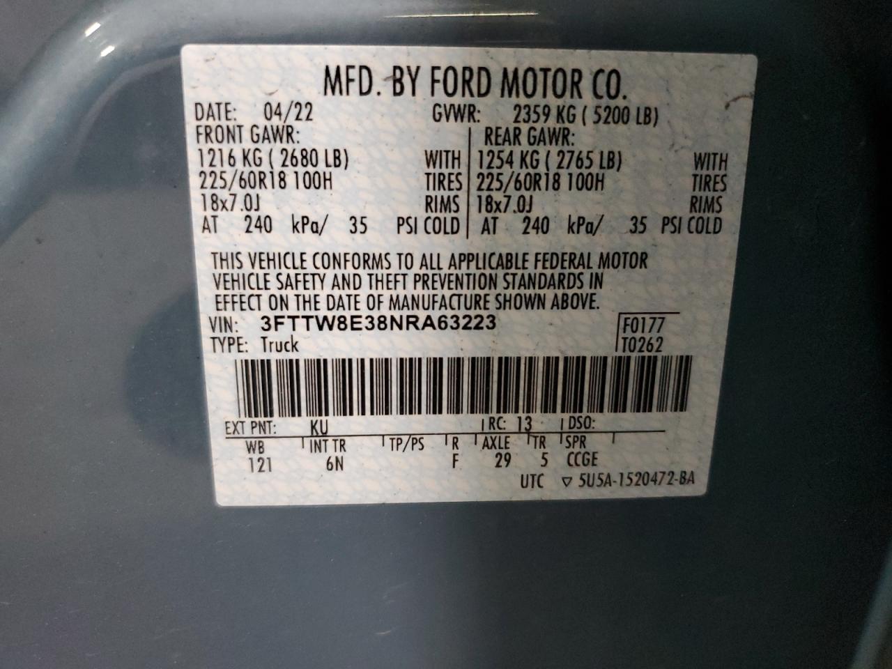2022 Ford Maverick Xl VIN: 3FTTW8E38NRA63223 Lot: 93131535