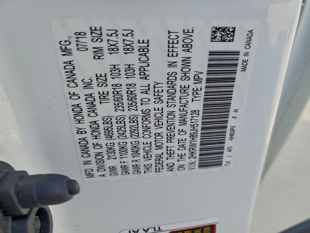 2018 Honda Cr-V Exl VIN: 2HKRW1H89JH517128 Lot: 93892485