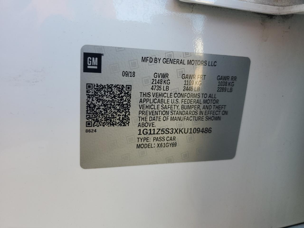 2019 Chevrolet Impala Lt VIN: 1G11Z5S3XKU109486 Lot: 93253075