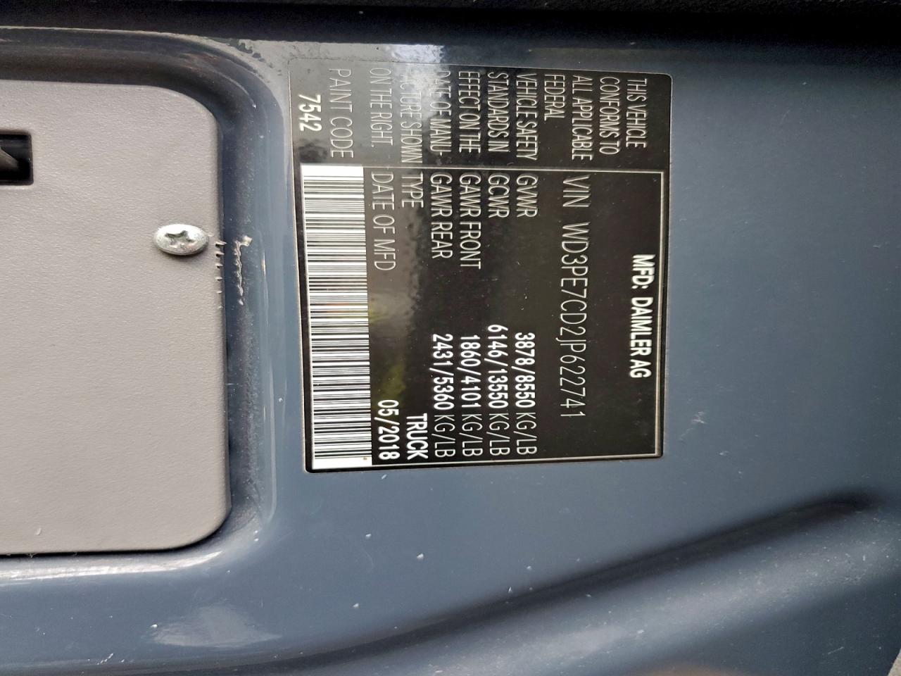 2018 Mercedes-Benz Sprinter 2500 VIN: WD3PE7CD2JP622741 Lot: 94147635