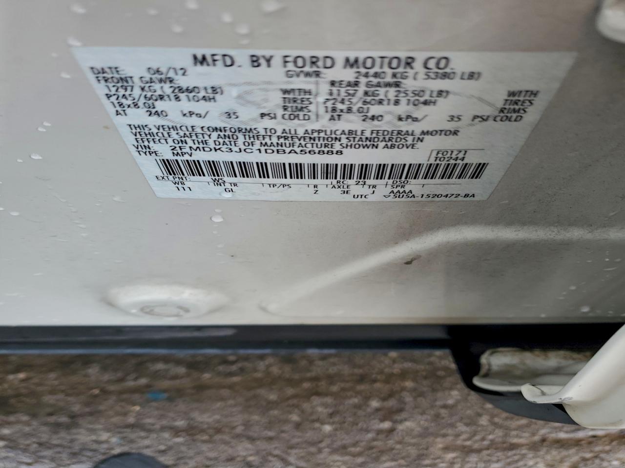 2013 Ford Edge Sel VIN: 2FMDK3JC1DBA56888 Lot: 94538515