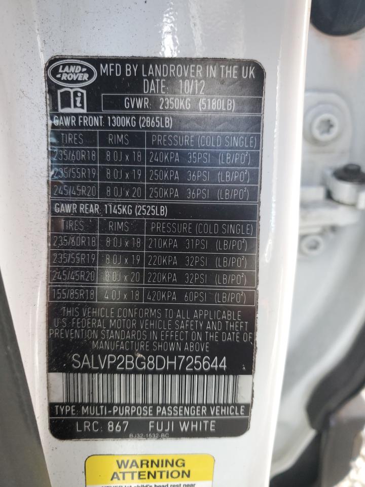 2013 Land Rover Range Rover Evoque Pure Plus VIN: SALVP2BG8DH725644 Lot: 92341065