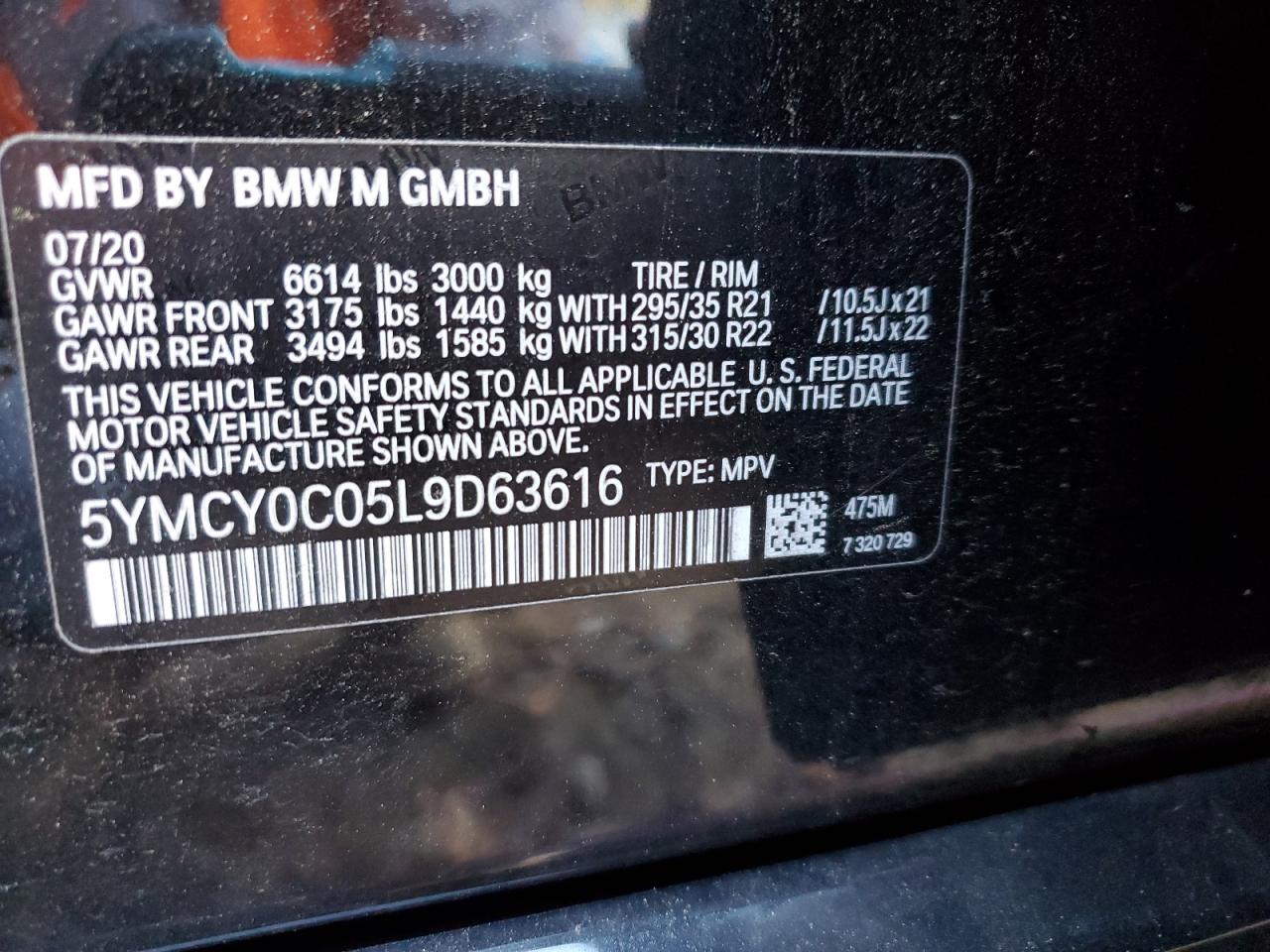 2020 BMW X6 M VIN: 5YMCY0C05L9D63616 Lot: 92284395