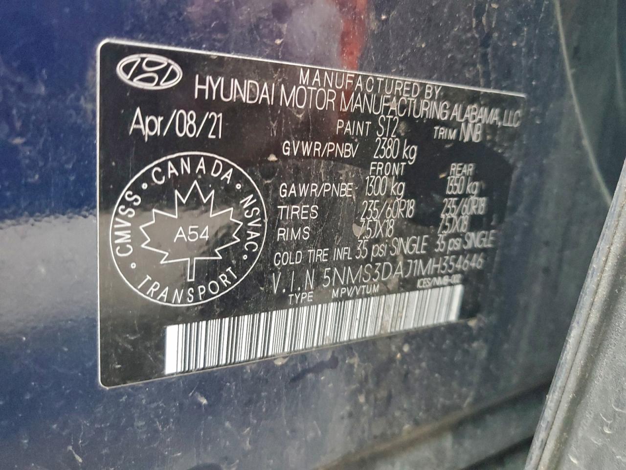 2021 Hyundai Santa Fe Sel VIN: 5NMS3DAJ1MH354646 Lot: 93782815