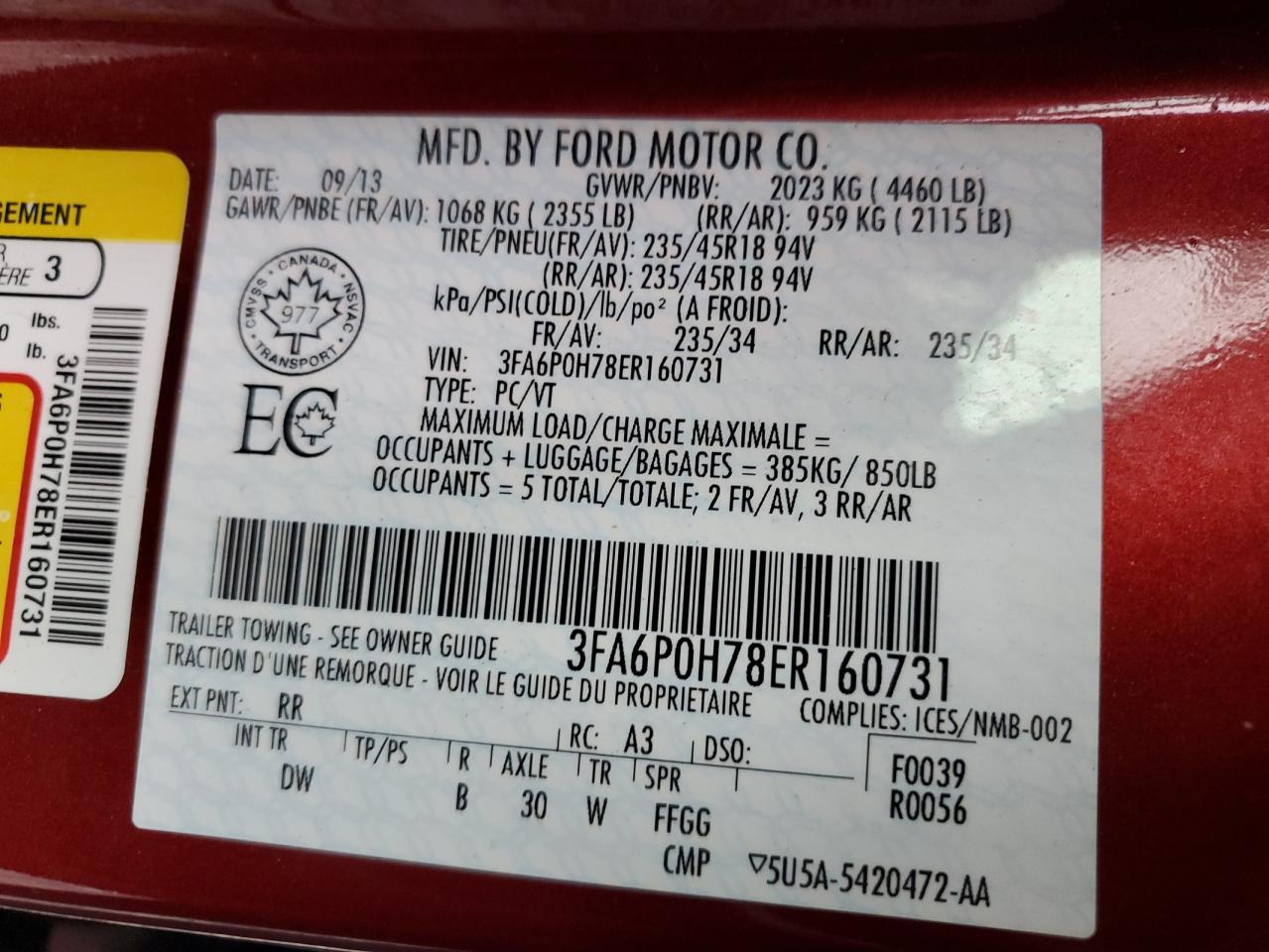 2014 Ford Fusion Se VIN: 3FA6P0H78ER160731 Lot: 91964165