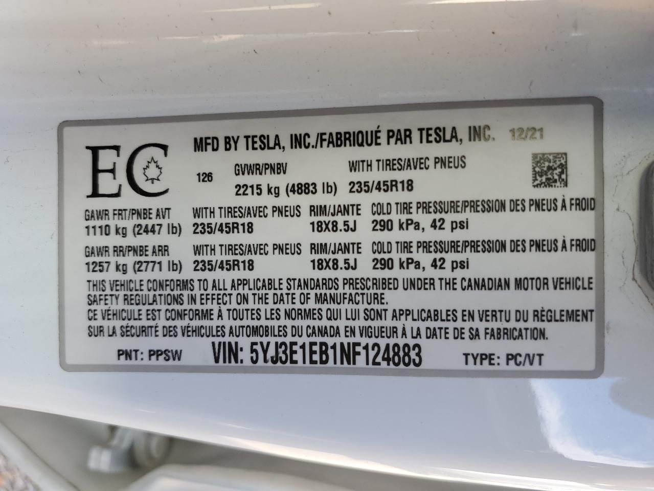 2022 Tesla Model 3 VIN: 5YJ3E1EB1NF124883 Lot: 87440025