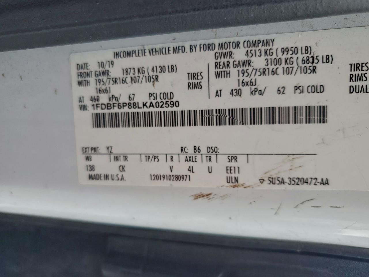 2020 Ford Transit T-350 Hd VIN: 1FDBF6P88LKA02590 Lot: 93043025