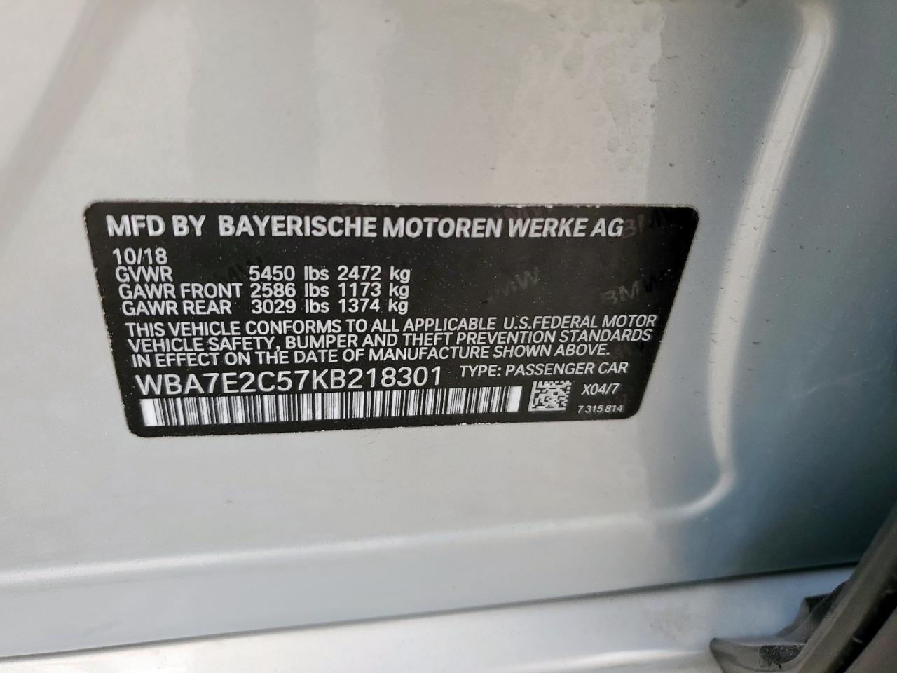 2019 BMW 740 I VIN: WBA7E2C57KB218301 Lot: 93667785