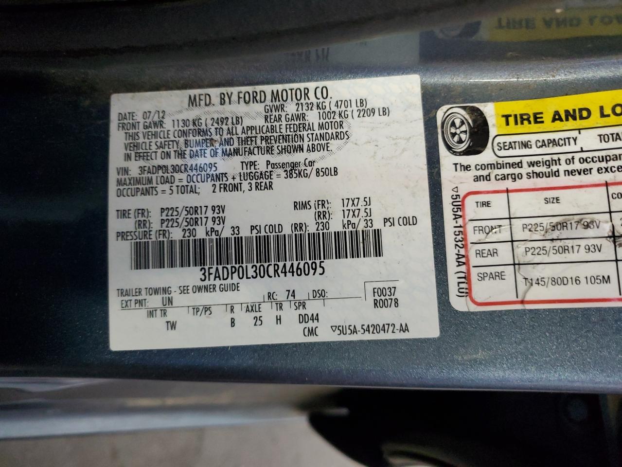 2012 Ford Fusion Hybrid VIN: 3FADP0L30CR446095 Lot: 92444605