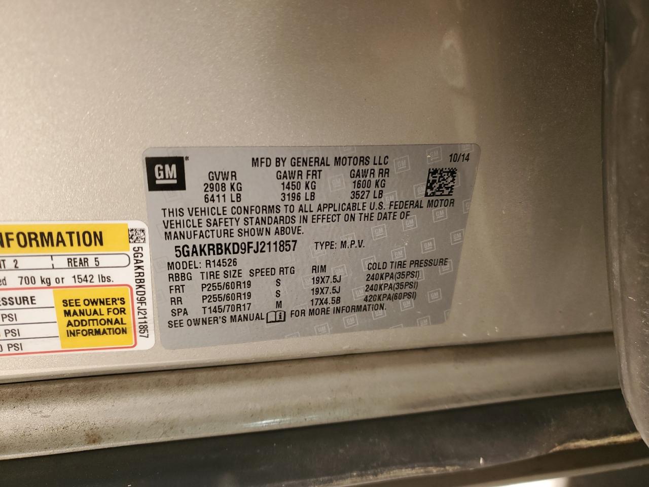 2015 Buick Enclave VIN: 5GAKRBKD9FJ211857 Lot: 93273445