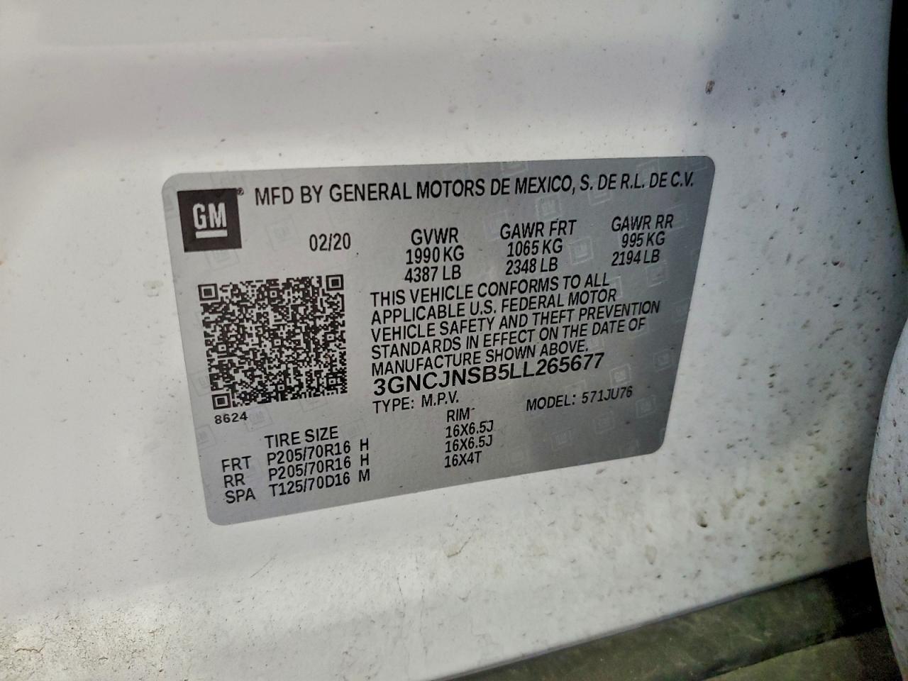 2020 Chevrolet Trax Ls VIN: 3GNCJNSB5LL265677 Lot: 93770715