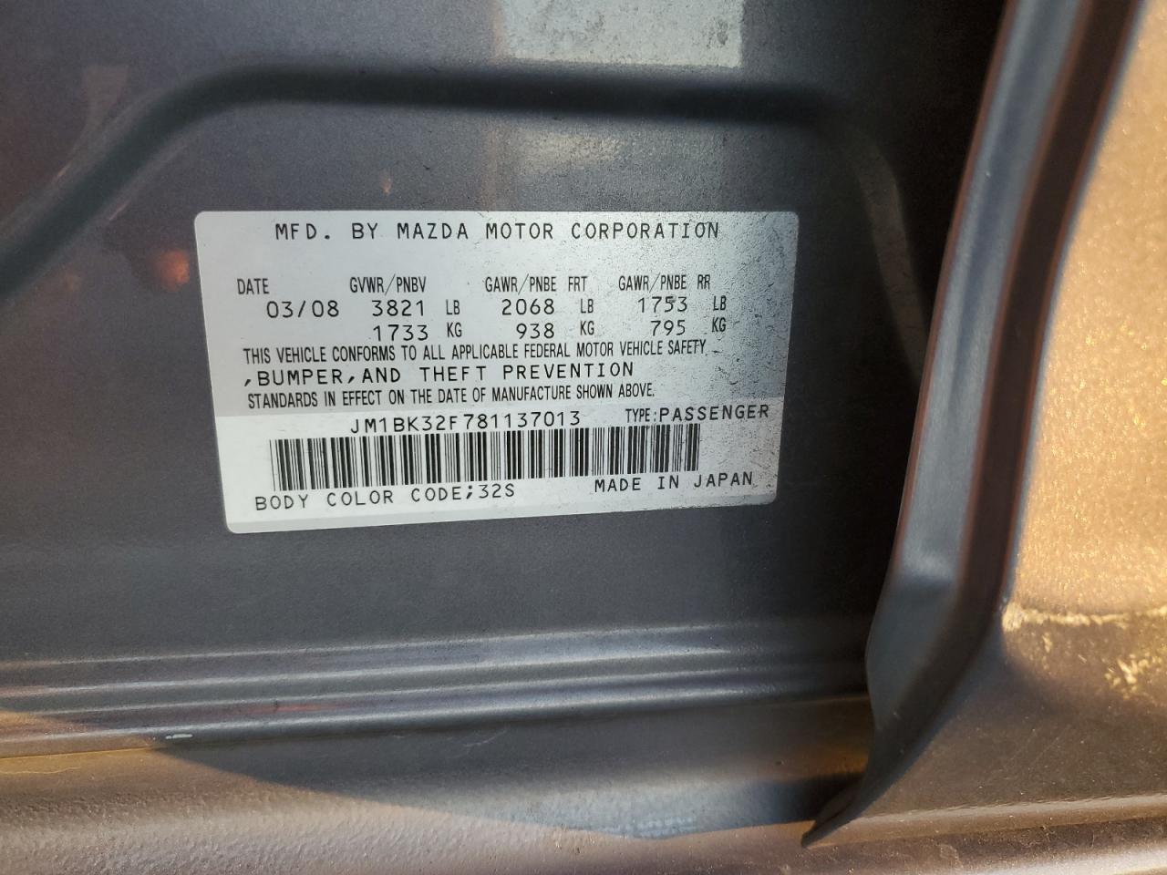 2008 Mazda 3 I VIN: JM1BK32F781137013 Lot: 91351725