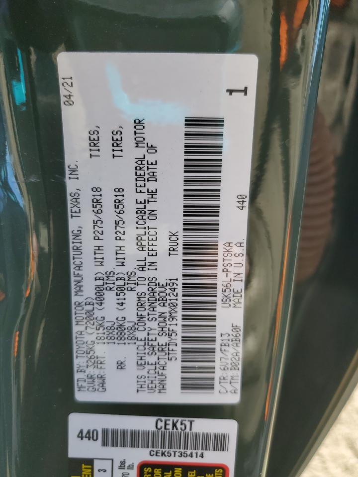 2021 Toyota Tundra Crewmax Sr5 VIN: 5TFDY5F19MX012491 Lot: 91788975