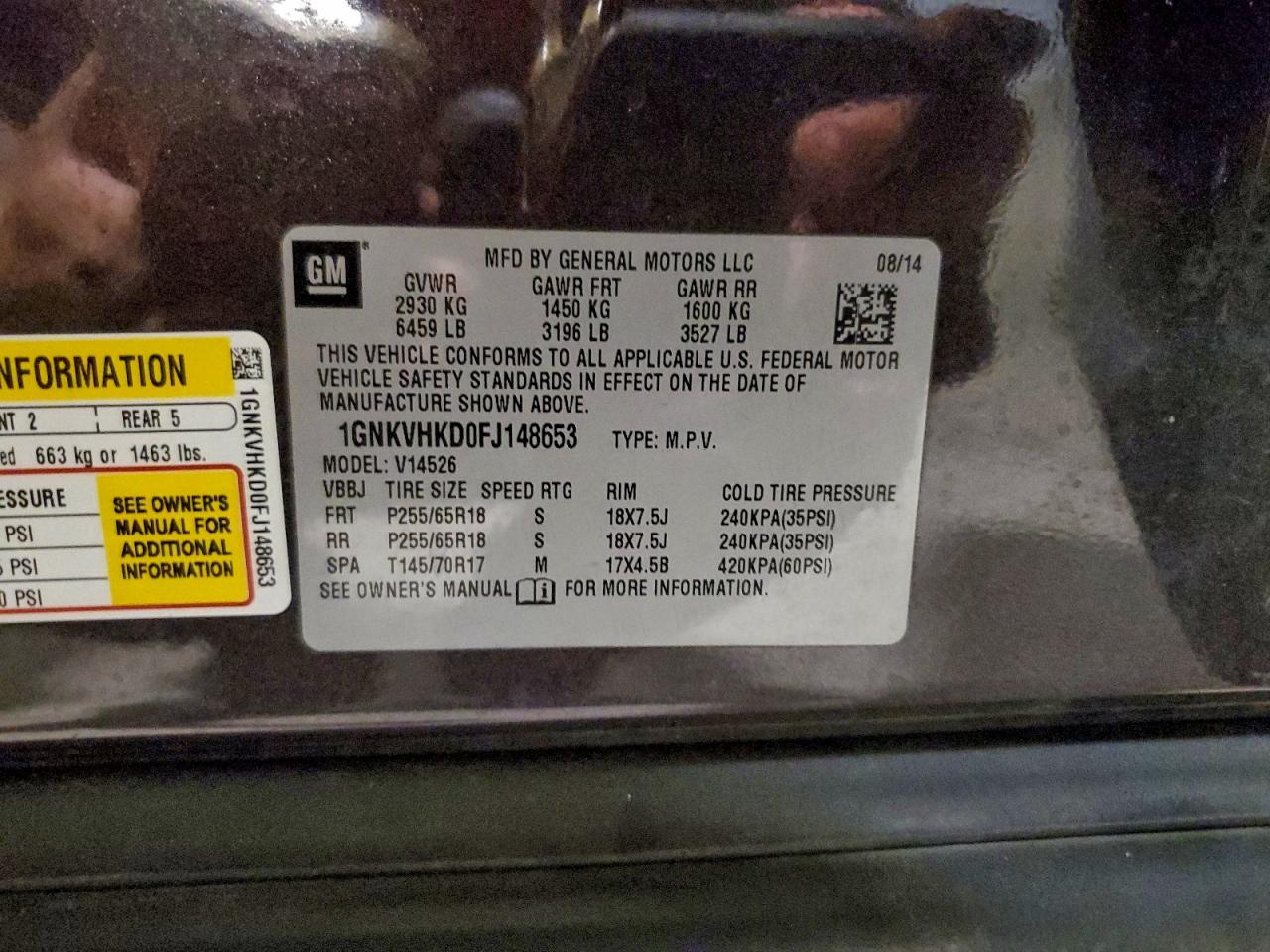 2015 Chevrolet Traverse Lt VIN: 1GNKVHKD0FJ148653 Lot: 93315225