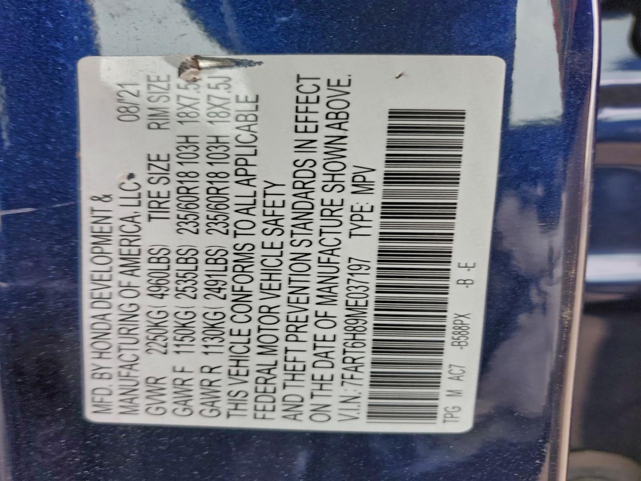 2021 Honda Cr-V Exl VIN: 7FART6H89ME037197 Lot: 93688645