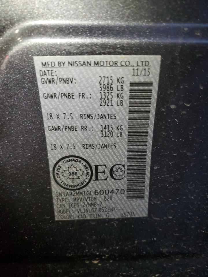 2016 Nissan Pathfinder S VIN: 5N1AR2MM1GC600470 Lot: 93569895