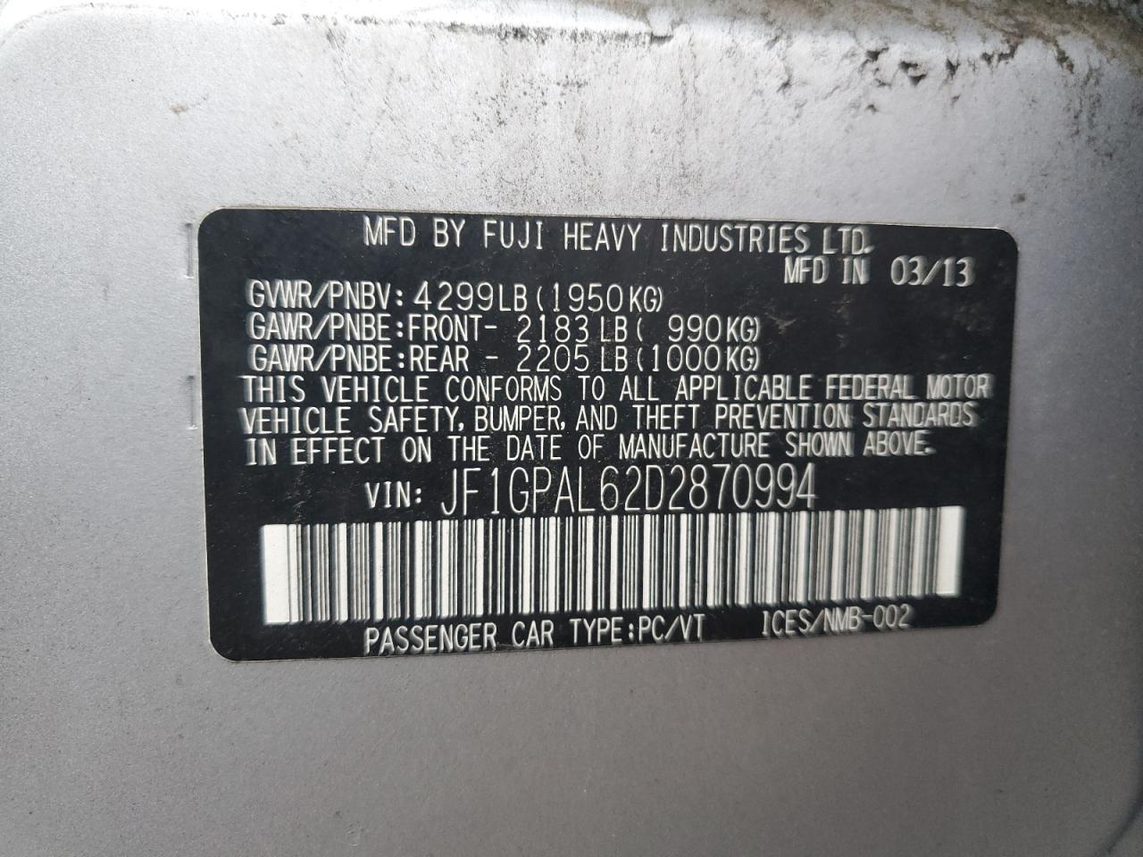 2013 Subaru Impreza Sport Premium VIN: JF1GPAL62D2870994 Lot: 93679695