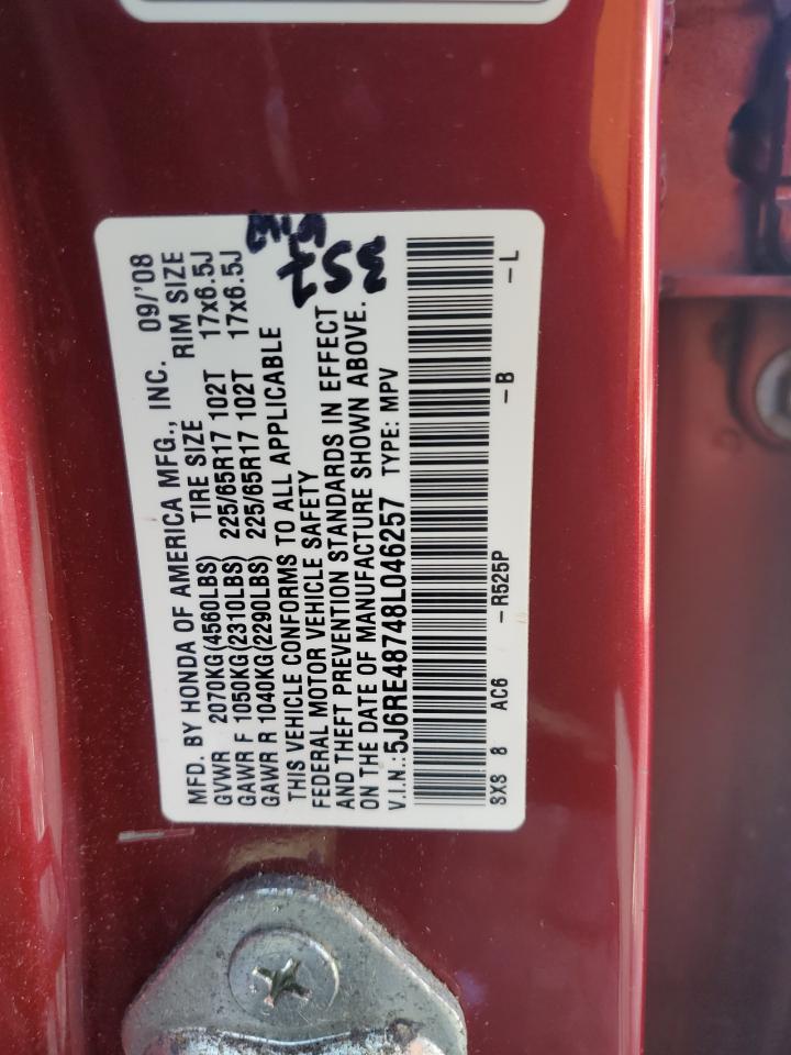 2008 Honda Cr-V Exl VIN: 5J6RE48748L046257 Lot: 92072475