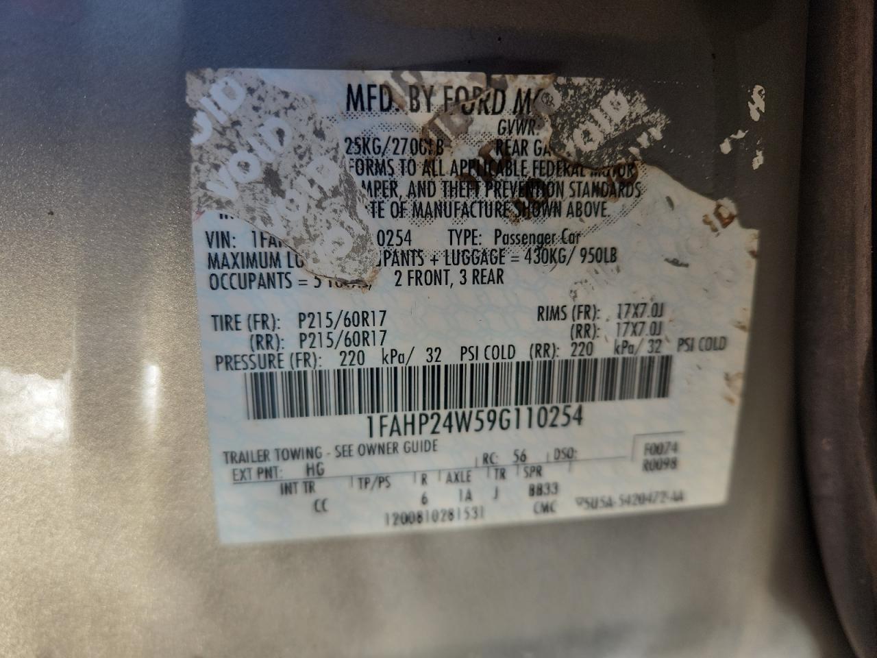 2009 Ford Taurus Sel VIN: 1FAHP24W59G110254 Lot: 93148195