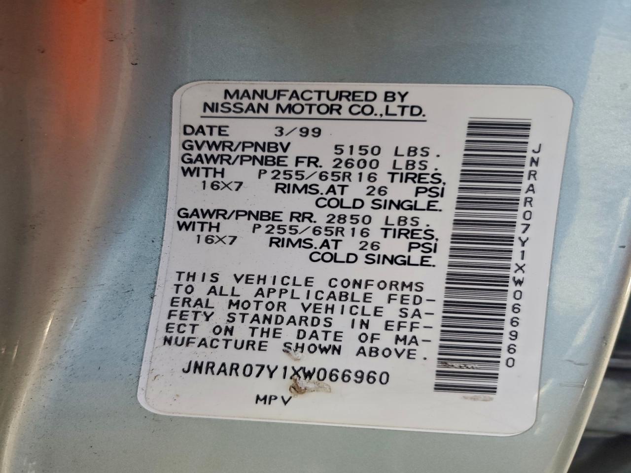 1999 Infiniti Qx4 VIN: JNRAR07Y1XW066960 Lot: 93571975