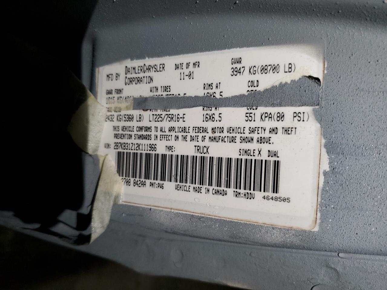 2002 Dodge Ram Van B3500 VIN: 2B7KB31Z12K111966 Lot: 92378835