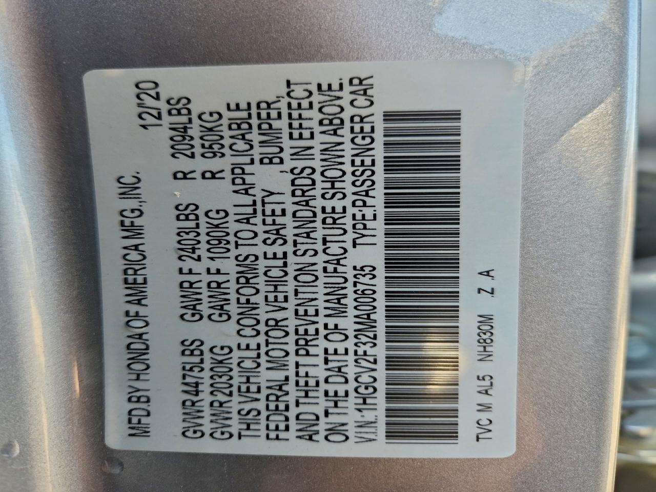 2021 Honda Accord Sport VIN: 1HGCV2F32MA006735 Lot: 93263155