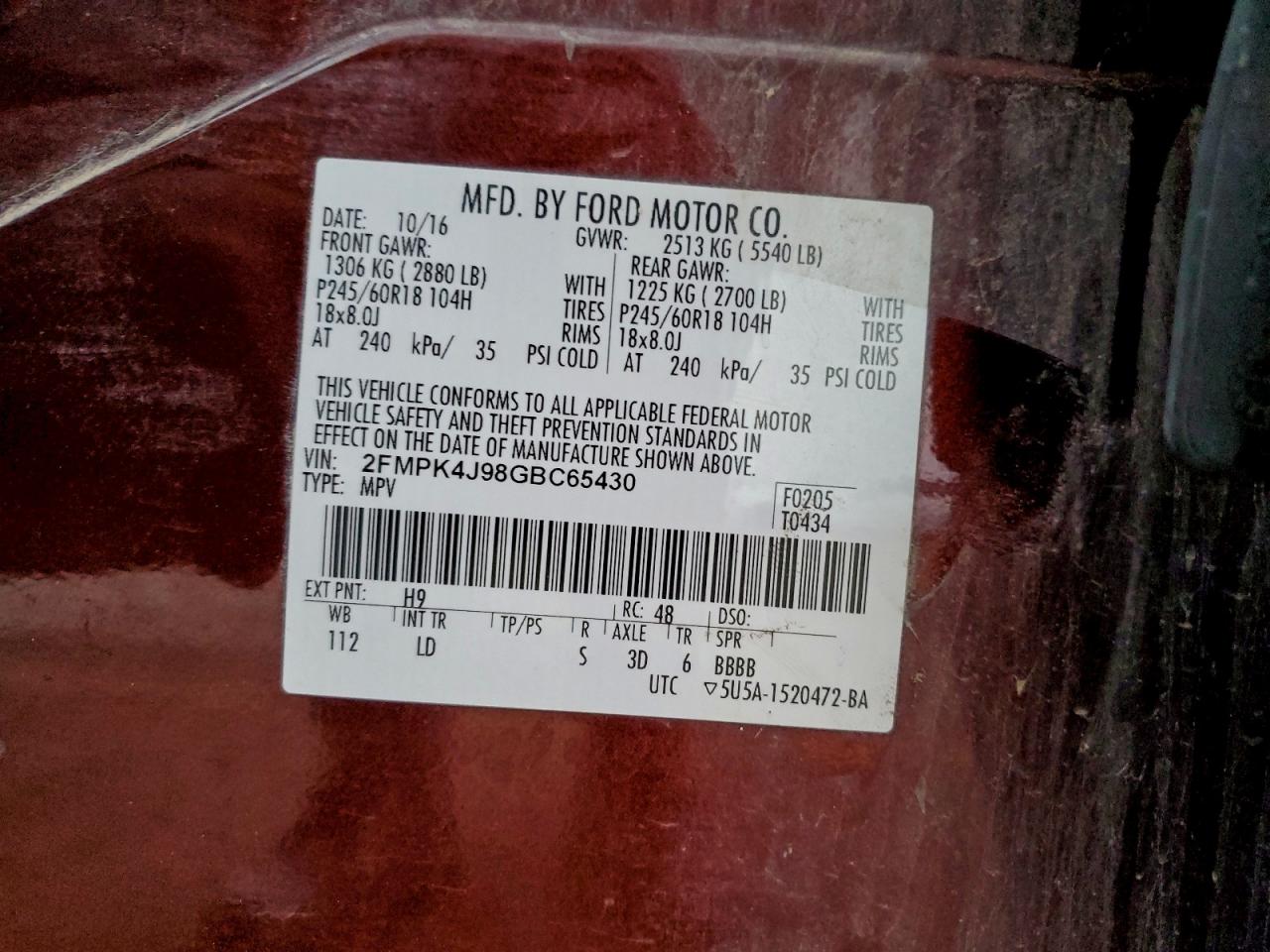 2016 Ford Edge Sel VIN: 2FMPK4J98GBC65430 Lot: 93764505