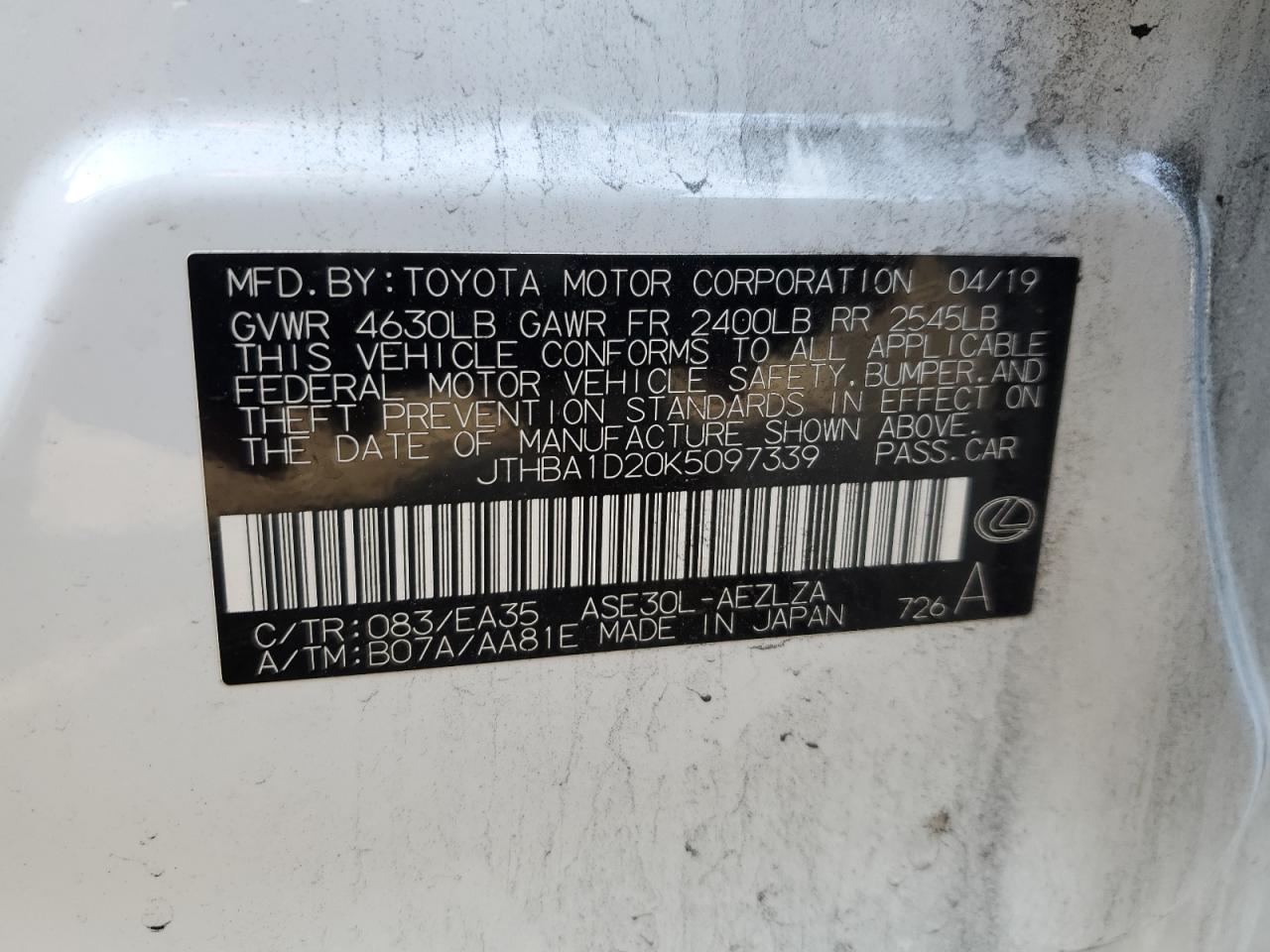 2019 Lexus Is 300 VIN: JTHBA1D20K5097339 Lot: 90277825