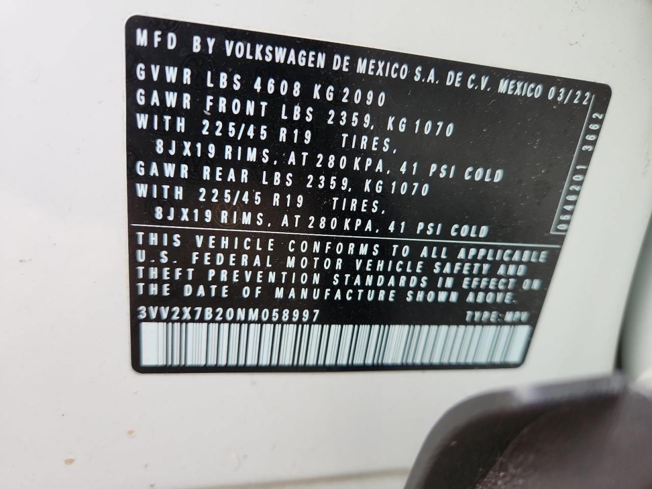 2022 Volkswagen Taos Sel VIN: 3VV2X7B20NM058997 Lot: 91319225