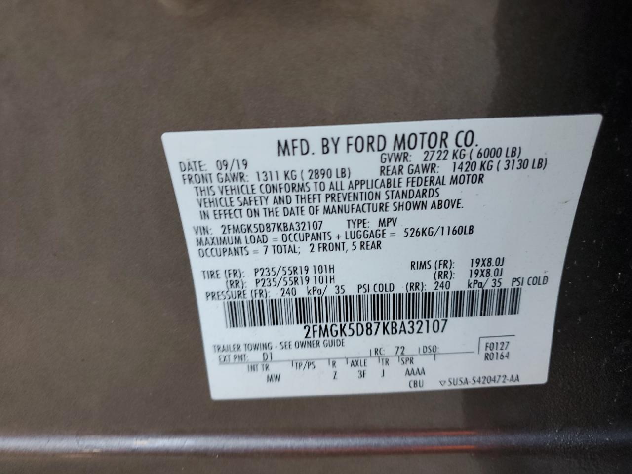 2019 Ford Flex Limited VIN: 2FMGK5D87KBA32107 Lot: 93285565