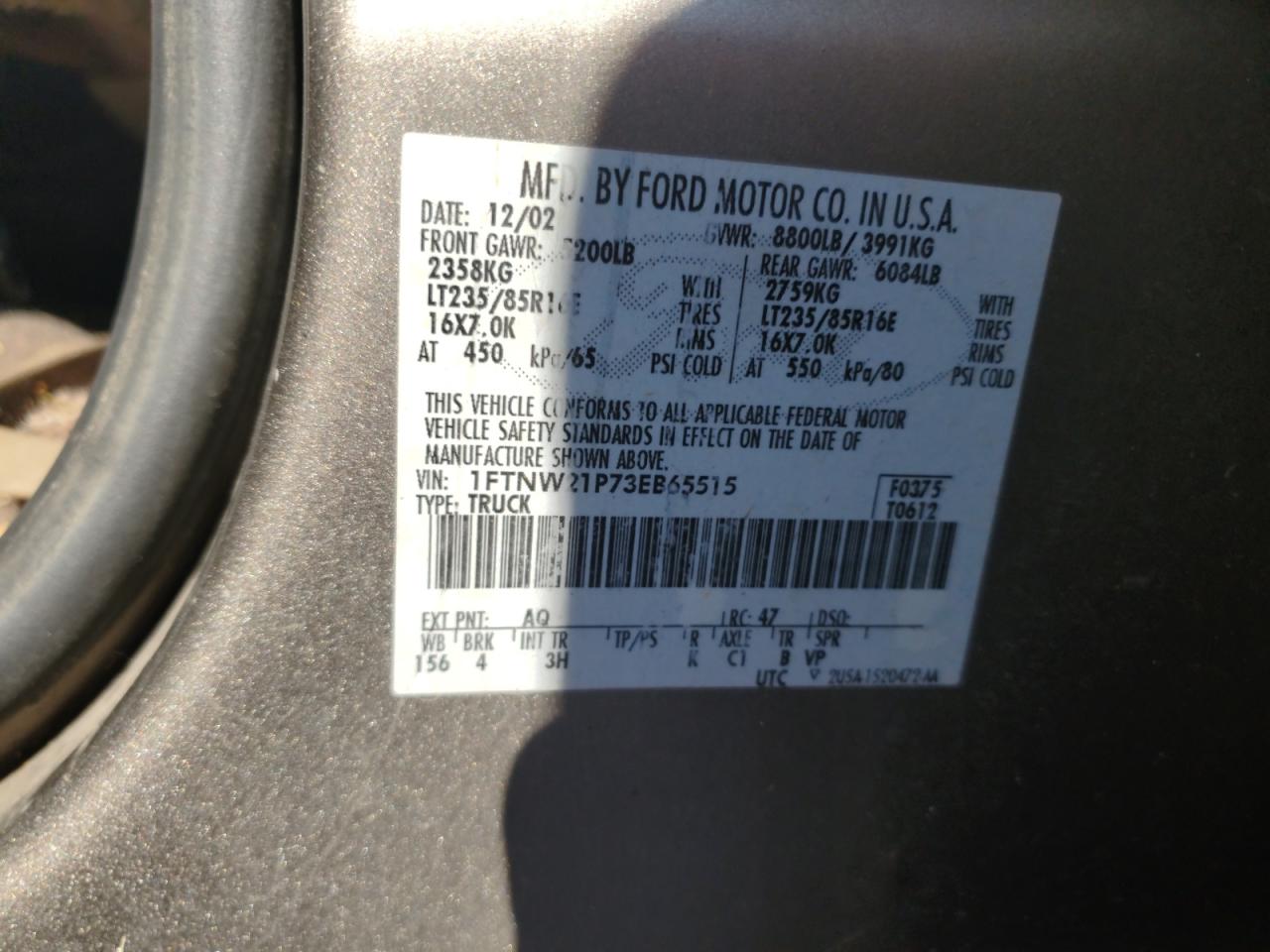 2003 Ford F250 Super Duty VIN: 1FTNW21P73EB65515 Lot: 92305305