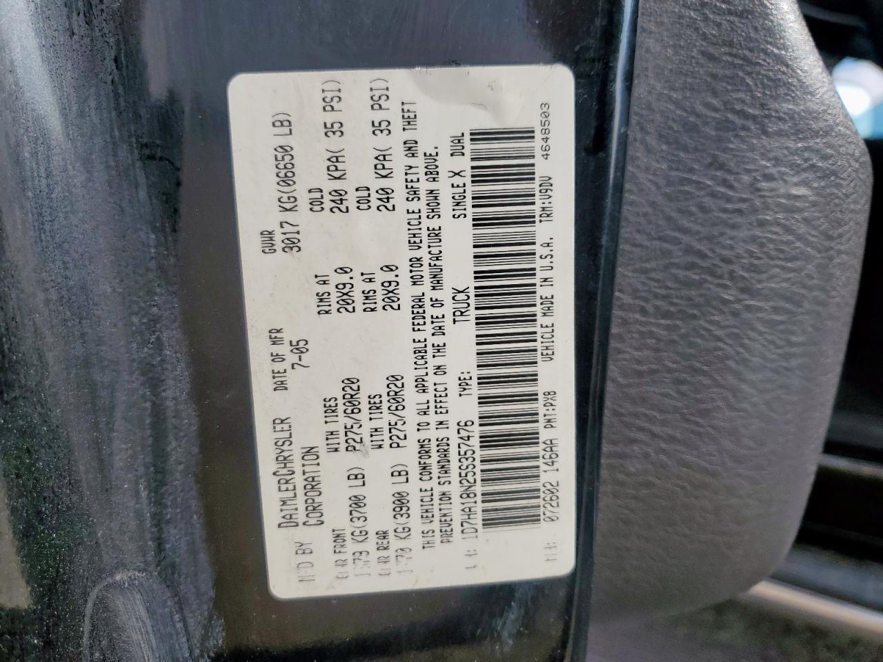 2005 Dodge Ram 1500 St VIN: 1D7HA18N25S357476 Lot: 91719475