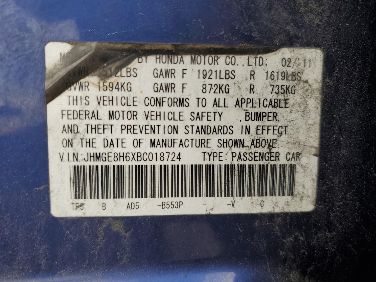 2011 Honda Fit Sport VIN: JHMGE8H6XBC018724 Lot: 93496295