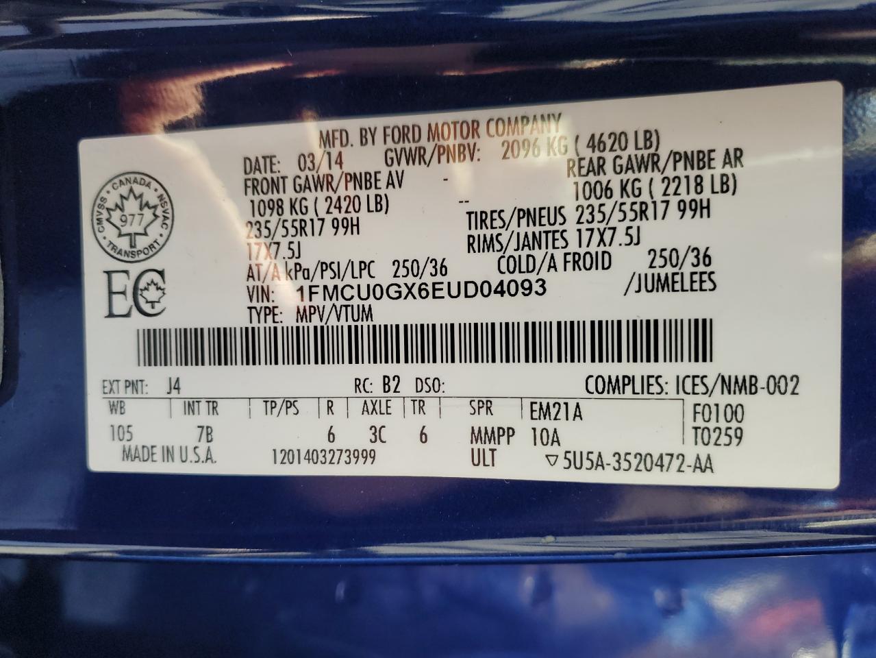 2014 Ford Escape Se VIN: 1FMCU0GX6EUD04093 Lot: 93028735