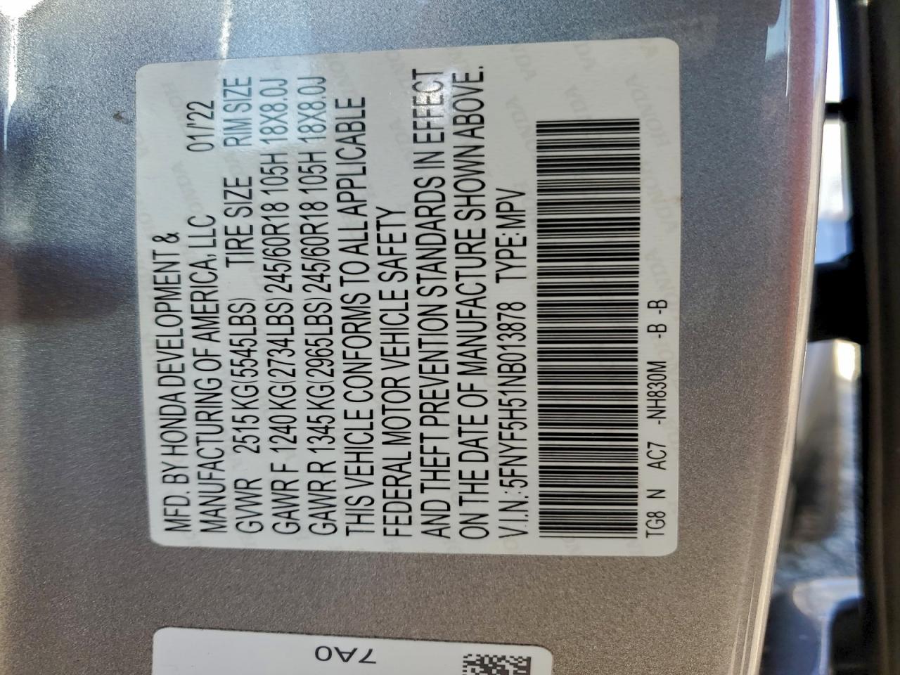 2022 Honda Pilot Exl VIN: 5FNYF5H51NB013878 Lot: 94418735