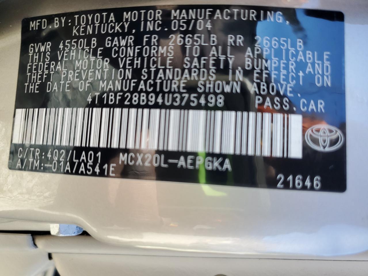 2004 Toyota Avalon Xl VIN: 4T1BF28B94U375498 Lot: 93195195