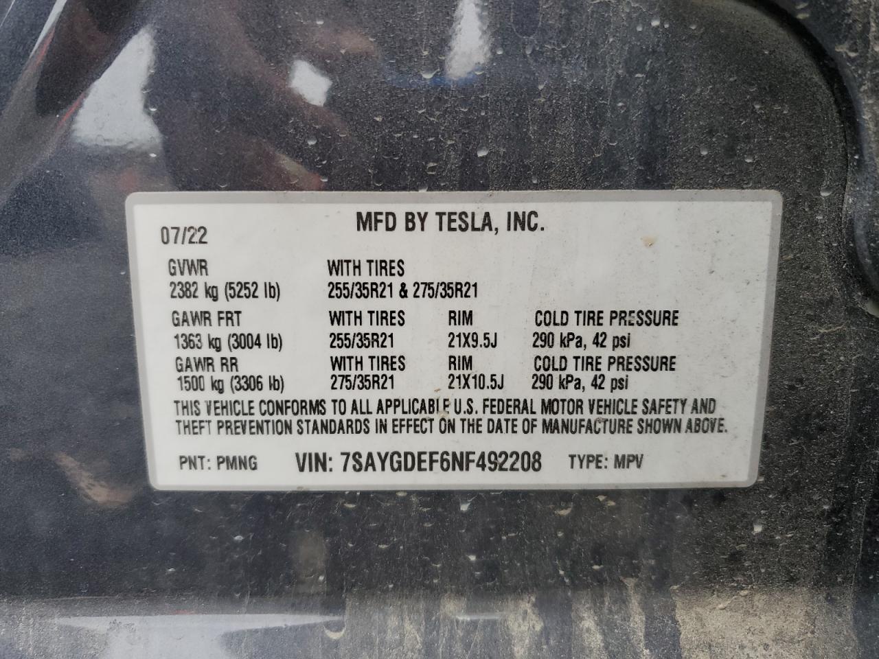 2022 Tesla Model Y VIN: 7SAYGDEF6NF492208 Lot: 92234625