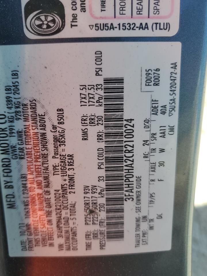 2012 Ford Fusion Se VIN: 3FAHP0HA2CR210024 Lot: 91022595