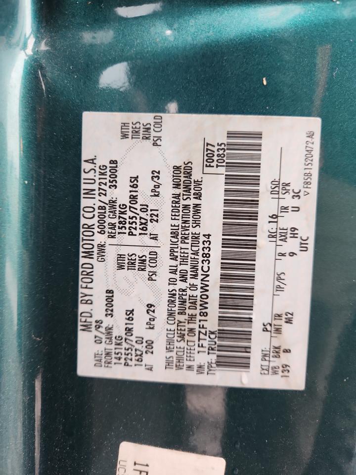 1998 Ford F150 VIN: 1FTZF18W0WNC38334 Lot: 93206425