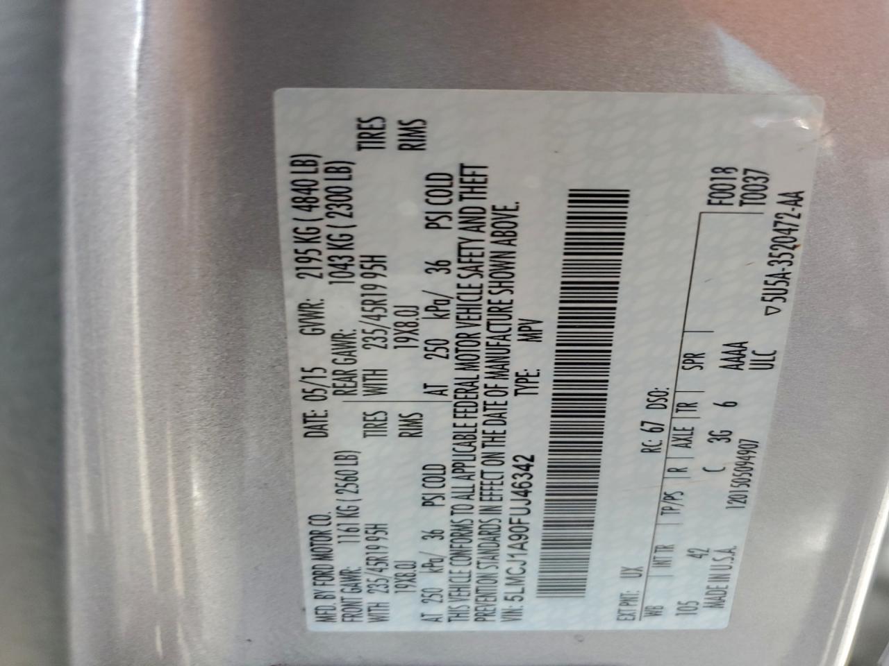 2015 Lincoln Mkc VIN: 5LMCJ1A90FUJ46342 Lot: 93097785