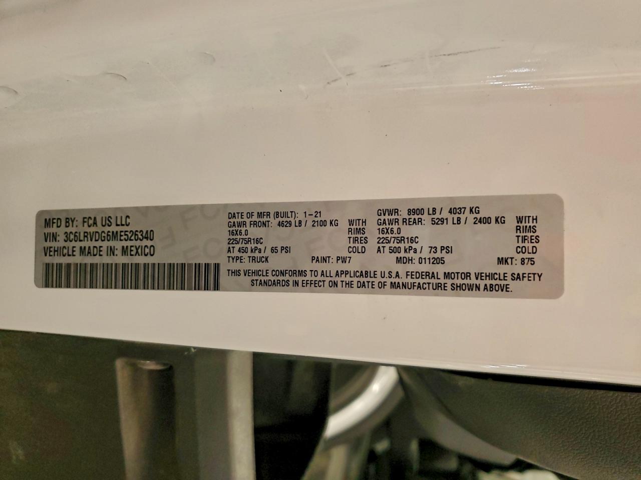 2021 Ram Promaster 2500 2500 High VIN: 3C6LRVDG6ME526340 Lot: 94134005