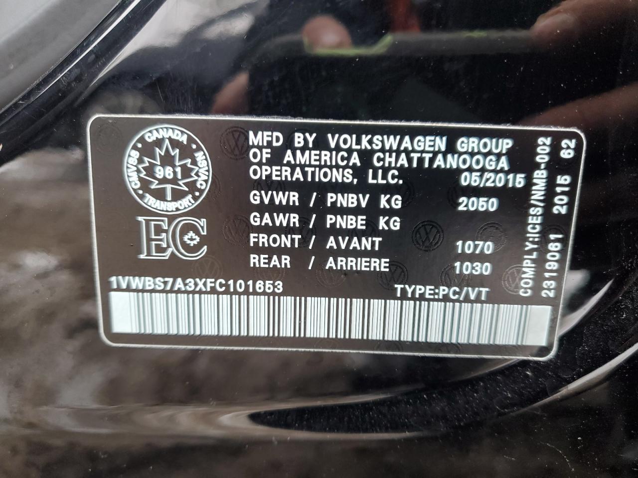 2015 Volkswagen Passat Se VIN: 1VWBS7A3XFC101653 Lot: 91714385