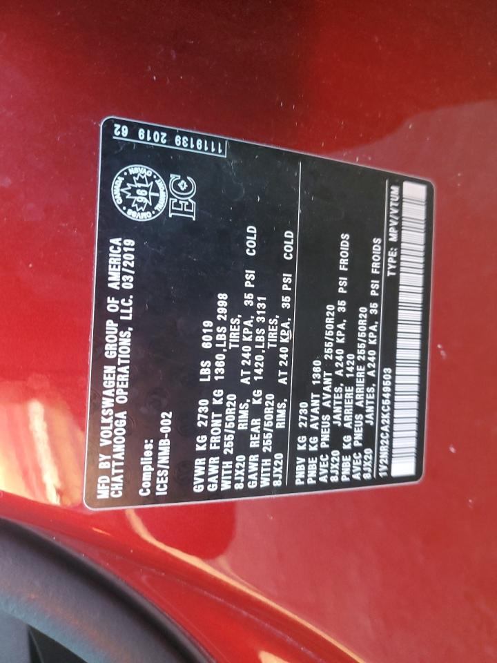 2019 Volkswagen Atlas Sel Premium VIN: 1V2NR2CA2KC549503 Lot: 92397235